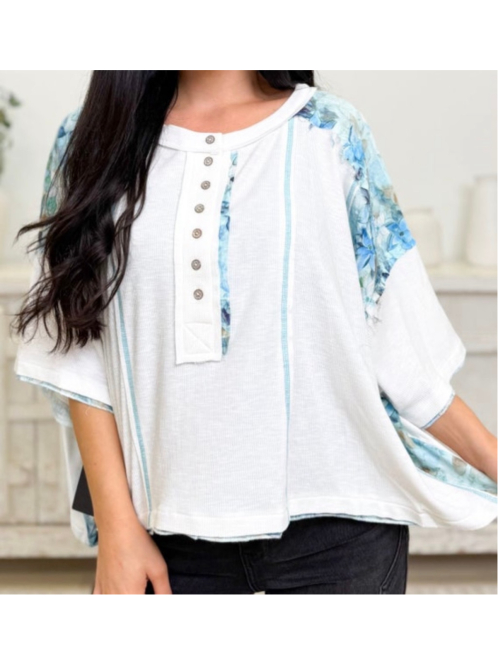 Women's POL Short Sleeve White Blue Floral Summer Top M - Picture 4 of 4